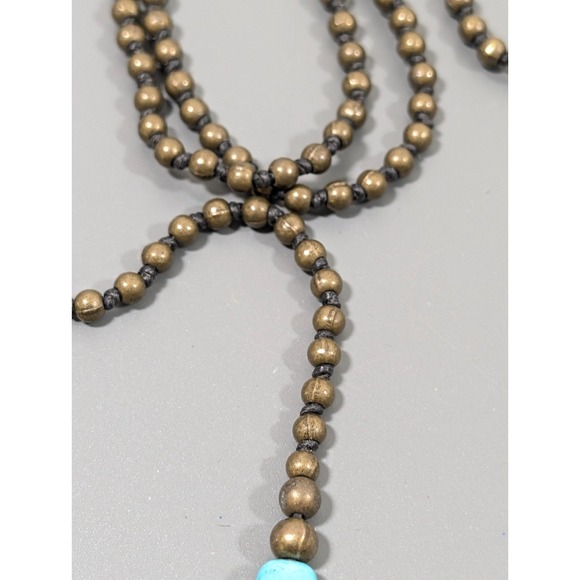 Retro Faux Turquoise Cross Y Drop Necklace Bronze Tone Bead Long Layering 30 in - Picture 4 of 7